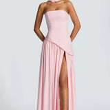 Elegante Strapless Maxi Jurk met Geplooide Rok en Split