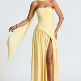 Elegante Strapless Maxi Jurk met Geplooide Rok en Split