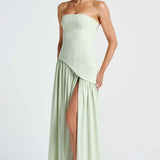 Elegante Strapless Maxi Jurk met Geplooide Rok en Split