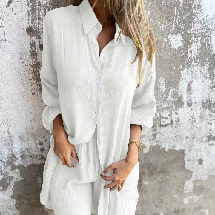 Nina luchtige blouse set – elegante damesoutfit bestaande uit een luchtige blouse en bijpassende broek, perfect voor zomerse dagen of casual uitjes.