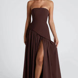 Elegante Strapless Maxi Jurk met Geplooide Rok en Split