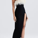 Straploze Maxi Jurk met Split en Veerdetails