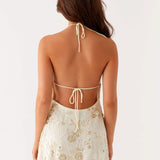 Halter Mini Jurk met Geborduurde Bloemen