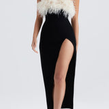 Straploze Maxi Jurk met Split en Veerdetails