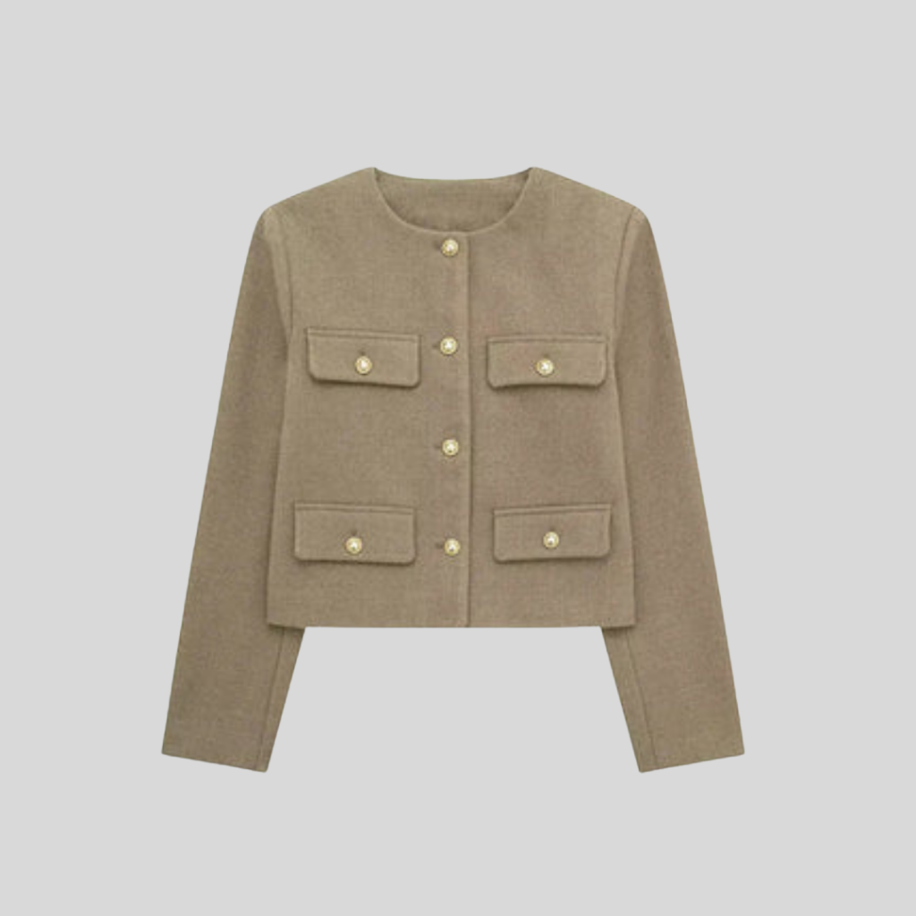 Elise damesjas – tijdloze tweed look met elegante pasvorm, warme voering en stijlvolle afwerking voor veelzijdig gebruik.