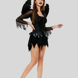 Halloween mini jurk – gevleugelde donkere engel kostuum voor dames, comfortabele pasvorm met mysterieus en elegant ontwerp, perfect voor Halloween en verkleedfeesten.
