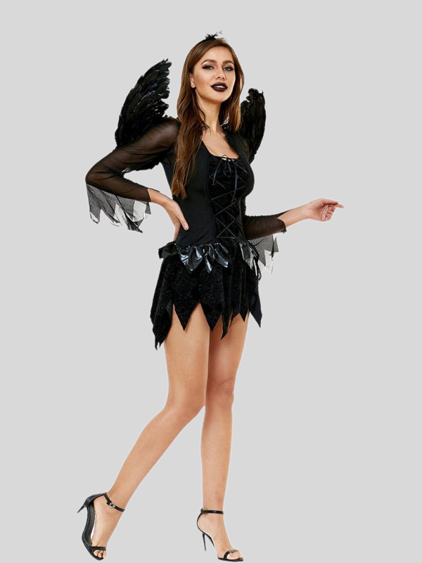 Halloween mini jurk – gevleugelde donkere engel kostuum voor dames, comfortabele pasvorm met mysterieus en elegant ontwerp, perfect voor Halloween en verkleedfeesten.