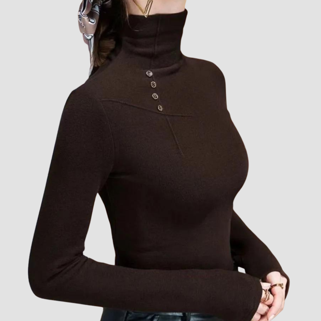 Larissa – luxe damesshirt met hoge hals, vervaardigd uit zachte, fijngebreide stof voor een elegante, comfortabele uitstraling.