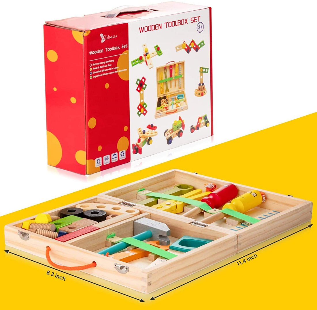 Montessori kinder gereedschapskist – duurzaam houten speelgoed, compleet met gereedschap en stimuleert creatief spel en motorische vaardigheden bij kinderen.