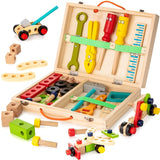 Montessori kinder gereedschapskist – duurzaam houten speelgoed, compleet met gereedschap en stimuleert creatief spel en motorische vaardigheden bij kinderen.