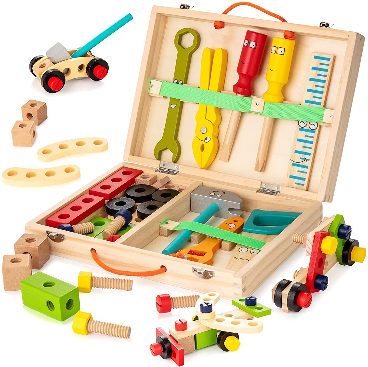 Montessori kinder gereedschapskist – duurzaam houten speelgoed, compleet met gereedschap en stimuleert creatief spel en motorische vaardigheden bij kinderen.