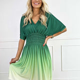 Ombre Midi Jurk met Gesmokte Taille