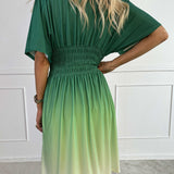 Ombre Midi Jurk met Gesmokte Taille