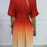 Ombre Midi Jurk met Gesmokte Taille