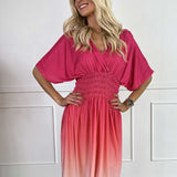 Ombre Midi Jurk met Gesmokte Taille