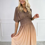 Ombre Midi Jurk met Gesmokte Taille
