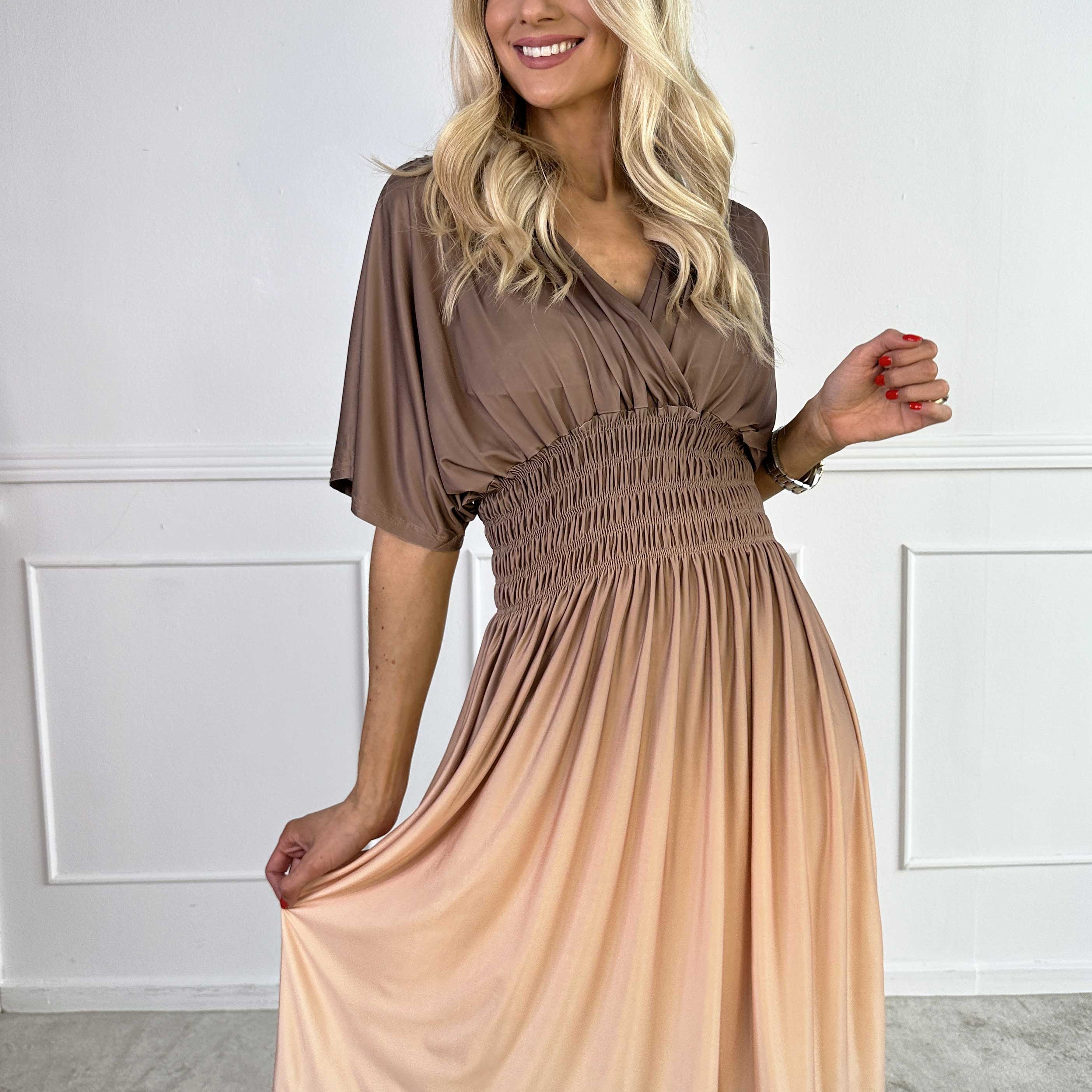 Ombre Midi Jurk met Gesmokte Taille