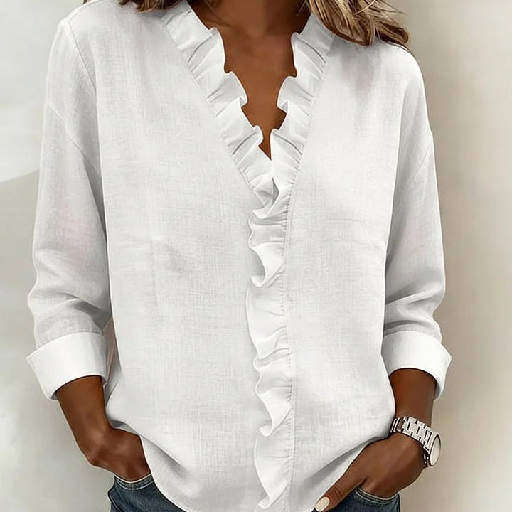 Linnen Blouse met V-Hals en Ruches