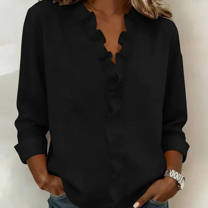 Linnen Blouse met V-Hals en Ruches