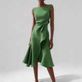 Midi Jurk met Drapering en Asymmetrische Volantzoom