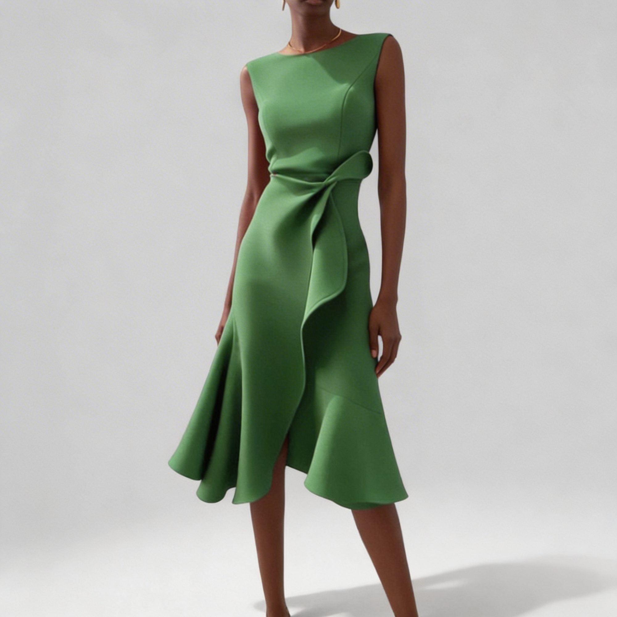 Midi Jurk met Drapering en Asymmetrische Volantzoom