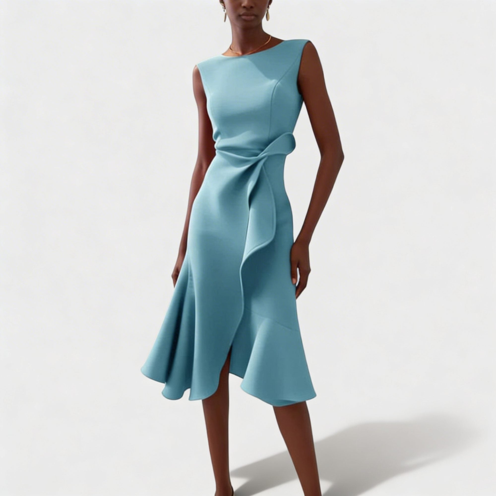 Midi Jurk met Drapering en Asymmetrische Volantzoom