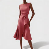 Midi Jurk met Drapering en Asymmetrische Volantzoom