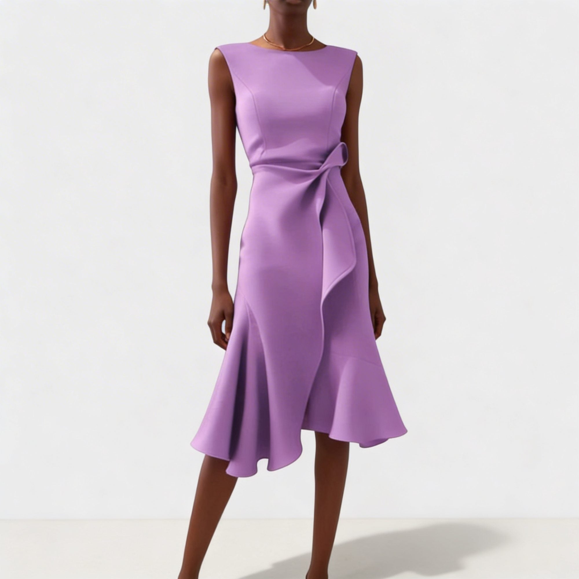Midi Jurk met Drapering en Asymmetrische Volantzoom