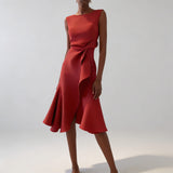 Midi Jurk met Drapering en Asymmetrische Volantzoom
