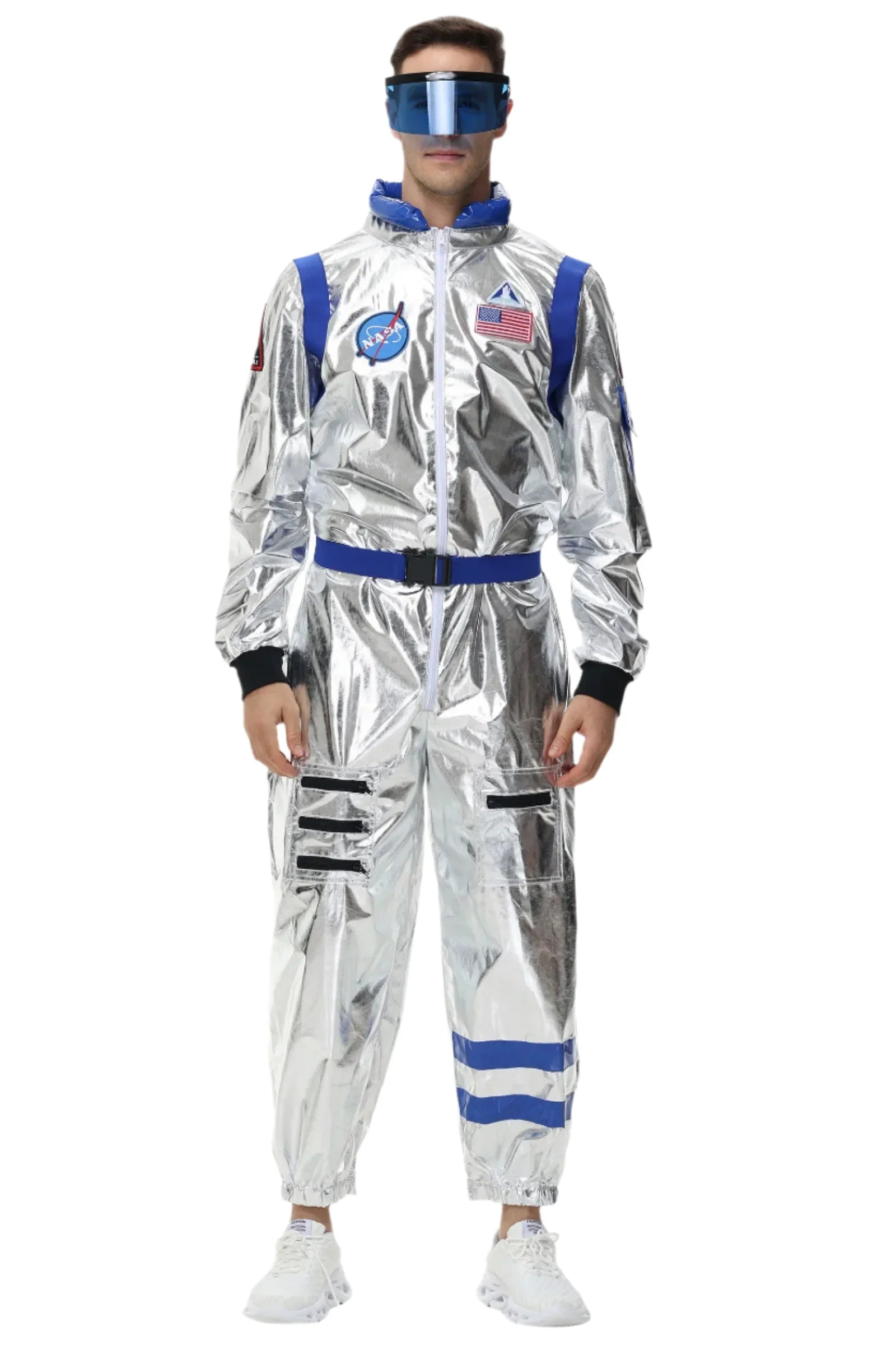 Halloween kostuum – zilverkleurig astronautenpak voor volwassenen en tieners, compleet en comfortabel outfit, ideaal voor Halloween, cosplay en verkleedfeesten.