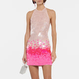 Glitter Halter Mini Jurk met Ombre Effect en Open Rug