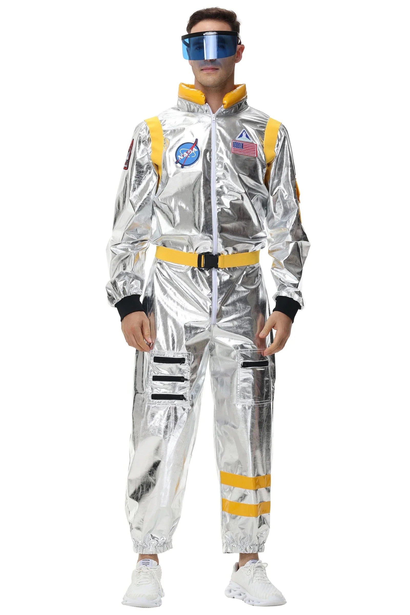 Halloween kostuum – zilverkleurig astronautenpak voor volwassenen en tieners, compleet en comfortabel outfit, ideaal voor Halloween, cosplay en verkleedfeesten.