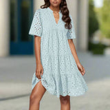 Dames Midi Jurk met Korte Mouwen en Geplooide Rok
