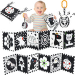 Zwart-wit sensorisch babyboek – Montessori speelgoed met contrastrijke illustraties, stimuleert visuele ontwikkeling en nieuwsgierigheid bij baby’s.