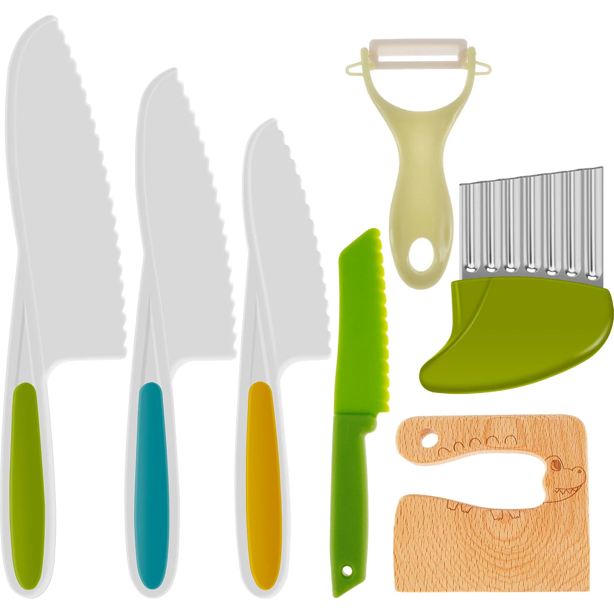 Kinder kook snijset – kindermes, gekartelde snijder en schiller speciaal voor peuters om fruit veilig te snijden. Perfect voor jonge chefs om culinaire vaardigheden te ontwikkelen.