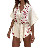 Korte mouw geborduurde blouse set met ceintuur van lichte, ademende stof met elegante pasvorm en verfijnde details.
