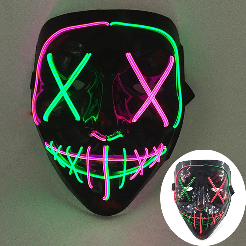 LED Halloween masker – draadloos lichtgevend party masker met meerdere stijlen en knipperende effecten, perfect voor Halloween, feestjes en cosplay voor kinderen en volwassenen.
