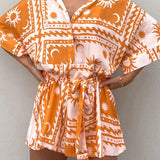 Korte mouw geborduurde blouse set met ceintuur van lichte, ademende stof met elegante pasvorm en verfijnde details.