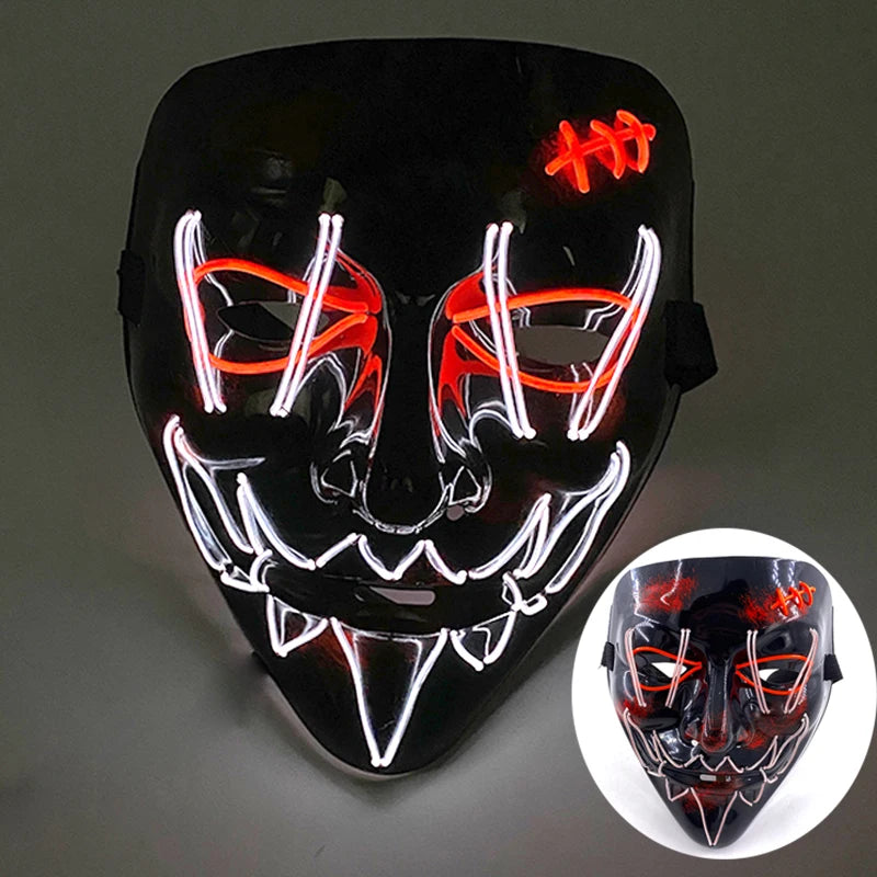 LED Halloween masker – draadloos lichtgevend party masker met meerdere stijlen en knipperende effecten, perfect voor Halloween, feestjes en cosplay voor kinderen en volwassenen.