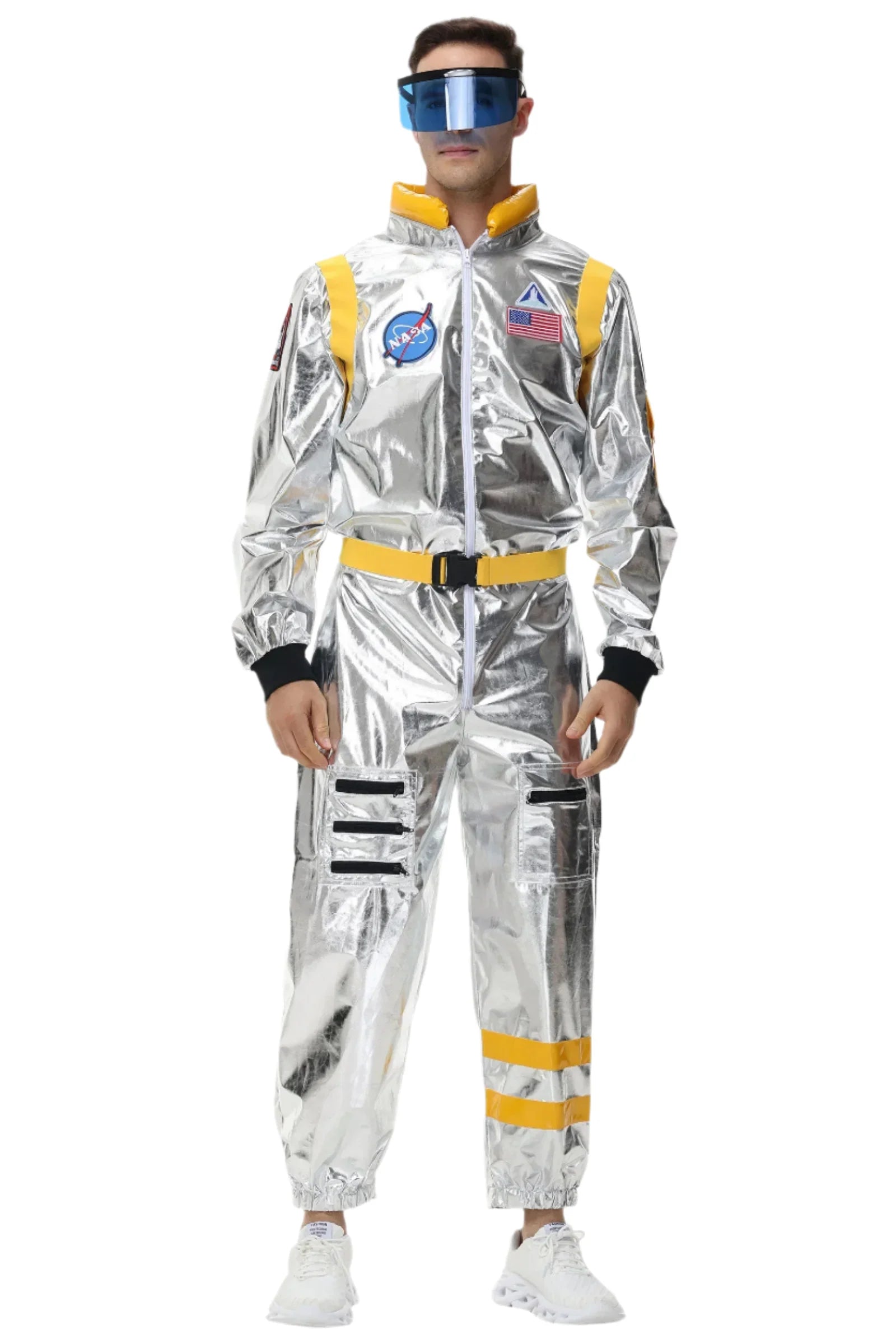 Halloween kostuum – zilverkleurig astronautenpak voor volwassenen en tieners, compleet en comfortabel outfit, ideaal voor Halloween, cosplay en verkleedfeesten.