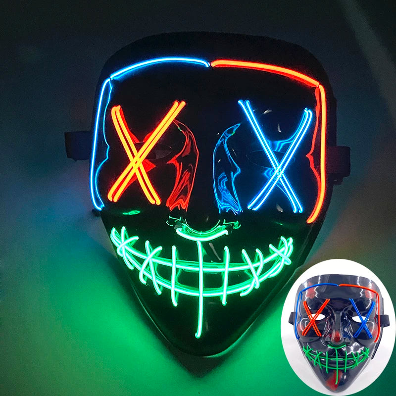 LED Halloween masker – draadloos lichtgevend party masker met meerdere stijlen en knipperende effecten, perfect voor Halloween, feestjes en cosplay voor kinderen en volwassenen.