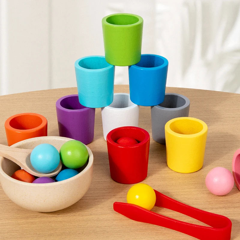 Montessori houten kleurenbekers – educatief sorteerspel voor kleuters, duurzaam materiaal en stimulerend voor kleur- en vormherkenning.