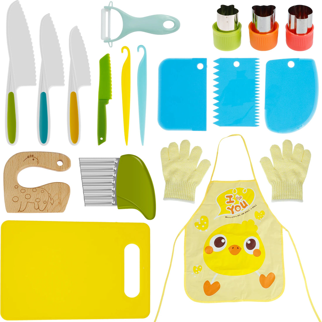 Kinder kook snijset – kindermes, gekartelde snijder en schiller speciaal voor peuters om fruit veilig te snijden. Perfect voor jonge chefs om culinaire vaardigheden te ontwikkelen.