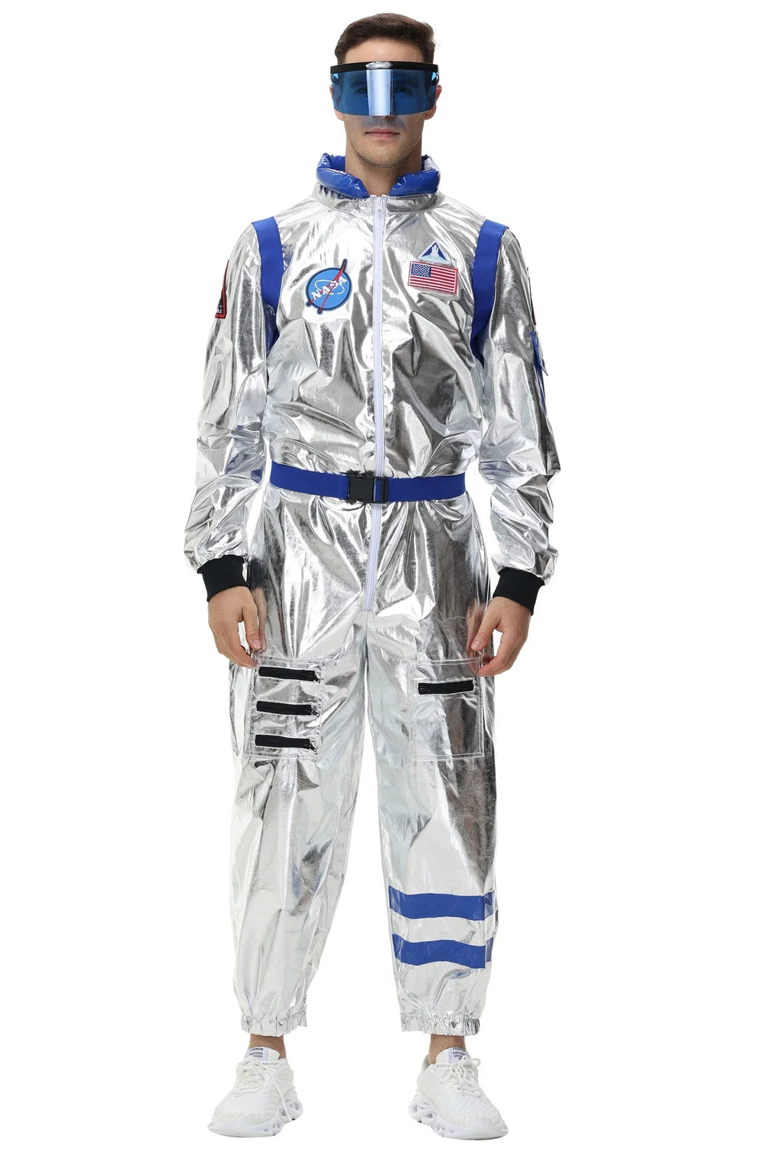 Halloween kostuum – zilverkleurig astronautenpak voor volwassenen en tieners, compleet en comfortabel outfit, ideaal voor Halloween, cosplay en verkleedfeesten.