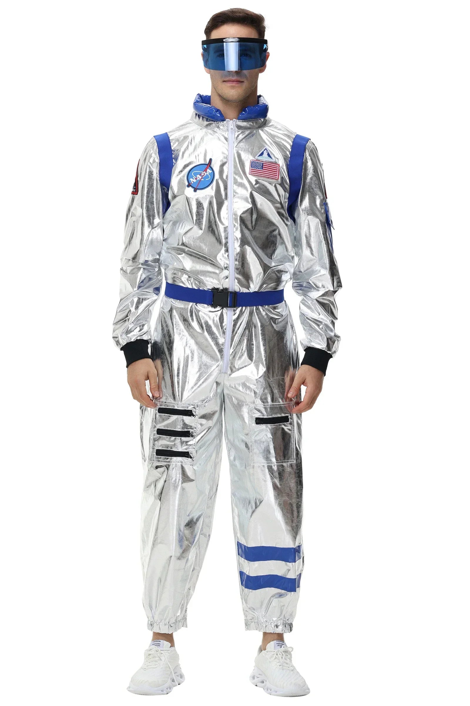 Halloween kostuum – zilverkleurig astronautenpak voor volwassenen en tieners, compleet en comfortabel outfit, ideaal voor Halloween, cosplay en verkleedfeesten.