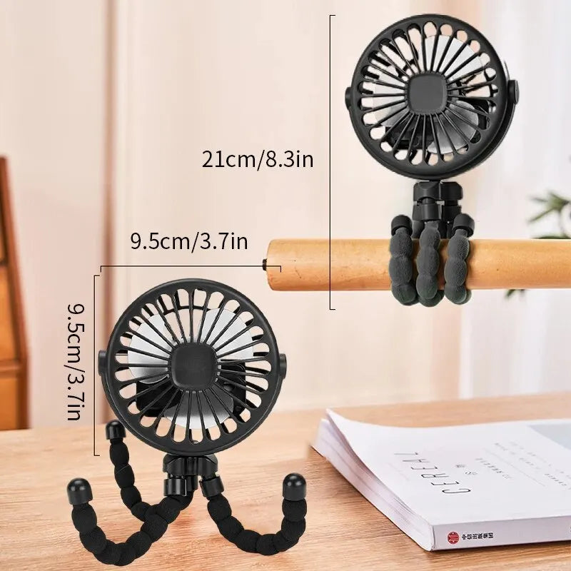 Multifunctionele kinderwagen mini ventilator – draagbare, USB-oplaadbare ventilator met flexibele armen en ingebouwde telefoonhouder, ideaal voor onderweg.
