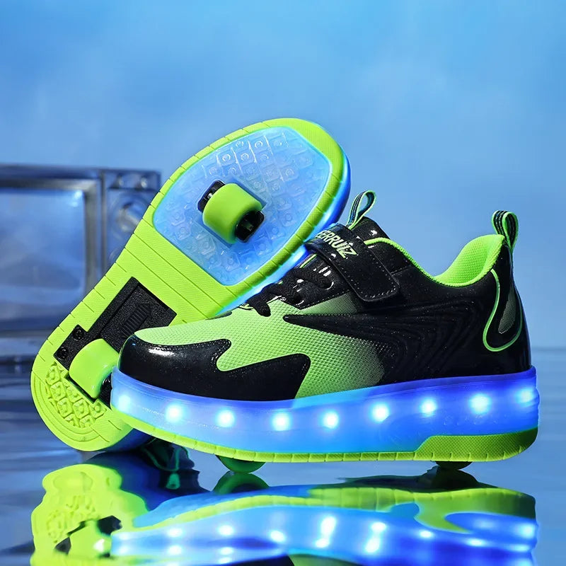 SparkRunners LED rolschaats sneakers voor kinderen – comfortabele en duurzame lichtgevende schoenen met kleurrijke LED-zolen, perfect voor buitenspelen en sportief plezier.