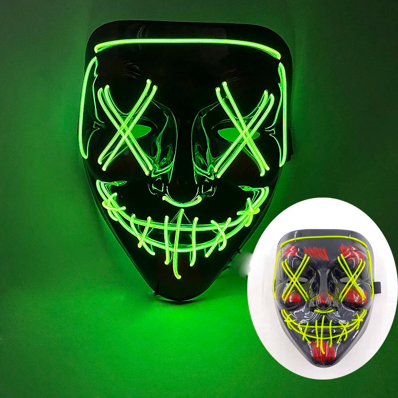 LED Halloween masker – draadloos lichtgevend party masker met meerdere stijlen en knipperende effecten, perfect voor Halloween, feestjes en cosplay voor kinderen en volwassenen.
