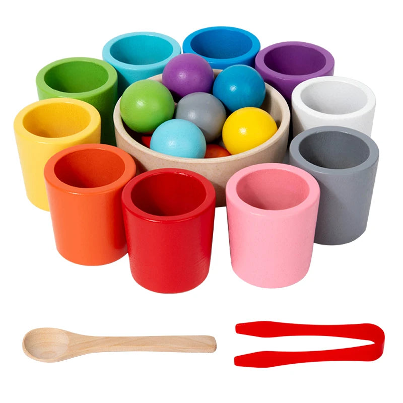 Montessori houten kleurenbekers – educatief sorteerspel voor kleuters, duurzaam materiaal en stimulerend voor kleur- en vormherkenning.