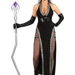 Halloween maxi jurk – gotische heks kostuum voor dames, lange donkere jurk met mystieke details, perfect voor Halloween en verkleedfeesten.